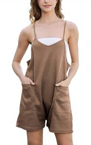 lot 5063 image: nunflue Rompers for Women Summer Casual Waffle Knit Loose Sleeveless Shorts Romper Spaghetti Strap Jumpsuit with Pockets 2024, Medium, Latte