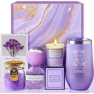 lot 5065 image: Lavender Spa Gift Set for Women 6pcs - Includes Candle, Handmade Soap, Bath Bomb, Bath Salts, Tumbler & Greeting Card - Ideal Gift for Birthdays, Mother��s Day, Christmas, or Special Occasions