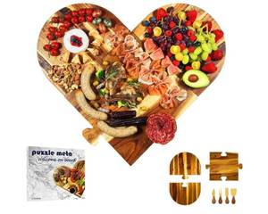 lot 1108 image: Large Charcuterie Board Set - 3 Pieces with Knife Set, Premium Acacia Wood Cheese Boards, Heart Shaped Serving Tray with Gift Box, Wedding & Bridal Shower Gift, Valentines Day Gifts
