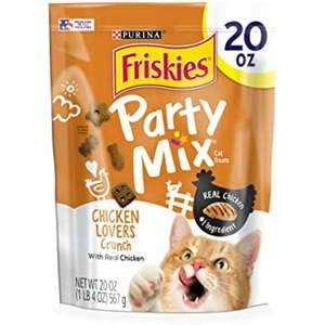 lot 1111 image: Purina Friskies Made in USA Facilities Cat Treats  Party Mix Chicken Lovers Crunch - 20 oz. Pouch