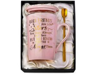 lot 1154 image: Best Friend Birthday Gifts for Women, Valentines Friendship Gifts for Women - Good Friends are Like Stars - Funny 14Oz Pink Ceramic Gold Print Mug, Presents for BFF, Sisters, Besties, Nice Gift Boxed