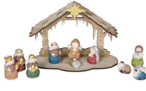 lot 1156 image: Woven Textured Holy Family, Friends and Stable 6 x 4.5 Resin Christmas Nativity Figurine Set of 12