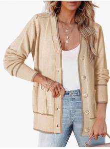 lot 1193 image: Dokotoo Short Cardigans for Women Color Blocked 2024 Fall Fashion Button Down Sweaters Winter Coats with Pockets SIZE M