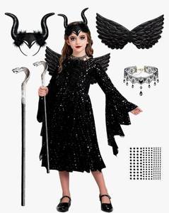 lot 1204 image: Halloween Costumes for Girls Black Halloween Dress Evil Queen Costume Kids with Black Wings for Cosplay 7-15 Years