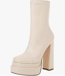 lot 1205 image: vivianly Womens Platform Mid Calf Boots Square Toe Chunky Heel Ankle Boots with Side Zipper Stretch Short Go Go Boot SIZE 10