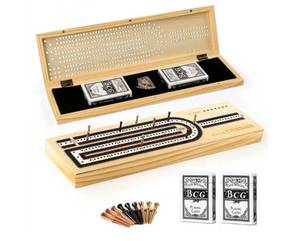 lot 1207 image: Cribbage Board Game Set, 3-Track Premium Wooden Cribbage Board with Magnetic Lock & Large Storage, 9 Metal Pegs, 2 Decks of Playing Cards - Classic Board Games for Adults Family