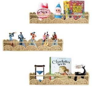 lot 1214 image: Wicker fan-shaped floating bookshelf, seashell-shaped childrens room No drilling required wall shelf, bohemian-style wall-mounted storage shelf, photo shelf �� suitable for childrens room decoration