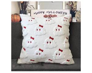 lot 1216 image: Halloween Pillow Covers Decorative Cute Bow Ghost Soft Plush Faux Fur Pillows 18x18 Inch Set of 2 for Sofa Couch Bed Living Room Halloween Home Decor, White Red