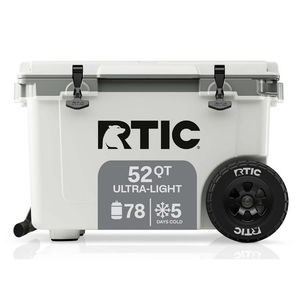 lot 1015 image: RTIC 52 QT Wheeled Hard-Sided Ice Chest Cooler, Ultra-Light, Fits 76 Cans, White &amp Grey - Damage on lid
