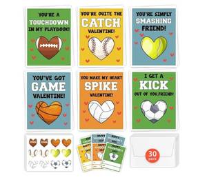 lot 1034 image: LOT OF 8 HIDEGRASS Ball Sports Valentines Day Cards for Kids Classroom, 30 Pack Valentine Cards with 36 Stickers &amp 30 Envelops, Valentines Gifts for Boys Girls