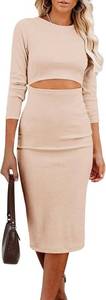 lot 1326 image: PRETTYGARDEN Ribbed Knit Midi Dress Size Small, Tan