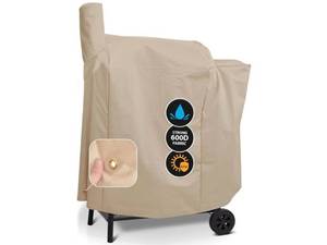 lot 1338 image: Grillman Grill Cover for Traeger Pro Series 57522 - Wind and Waterproof Solution-Dyed Fabric - Smooth Sewing Thread with Dark Line Inside - Tan - Traeger Grill Cover