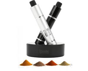 lot 1354 image: Salt &amp Pepper Crusher Set with Stand - One-Handed Thumb Press Grinder, Portable Spice Crusher for Kitchen, Dining &amp Travel - Easy to Use Manual Seasoning Grinder for Fresh Ground Pepper, Sea Salt