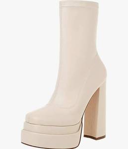 lot 1366 image: vivianly Womens Platform Mid Calf Boots Square Toe Chunky Heel Ankle Boots with Side Zipper Stretch Short Go Go Boot, Size 10