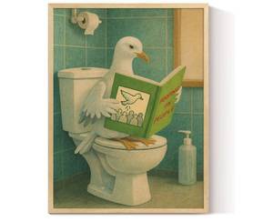 lot 1379 image: InSimSea Framed Canvas Wall Art Prints, Bathroom Wall Decor, Funny Reading Pigeon Toilet Paintings, Retro Trendy Relaxation Humor Aesthetic Restroom Small Shelf Decor, 12x16inch