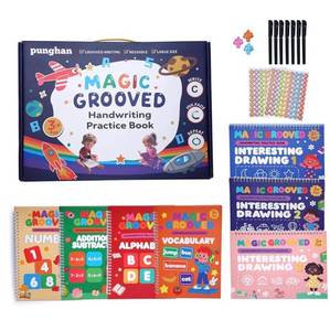 lot 1382 image: Magic Grooved Writing Practice for Kids Ages 3-8,Jumbo Reusable Grooved Handwriting Workbooks Kit(7 BooksPens),Learn to Write Letters, Numbers, Math &amp Drawing,10.2x7.3 Large Size