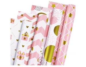 lot 1405 image: MAMUNU Pink and Gold Wrapping Paper Rolls, Birthday Gift Wrapping Paper for Kids Girls Women, Pink Gift Wrap Paper for Birthday Baby Shower Wedding Mothers Day, 5 Mini Rolls - 17 x 118 Inch Per Roll