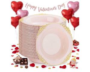 lot 1427 image: 100PCS Pink Plastic Bowls - 12 oz Pink Gold Disposable Salad Bowls - Heavy Duty Disposable Soup Bowl - Fancy Plastic Ice Cream Bowl for Weddings Valentines Day Parties Dinners Picnics