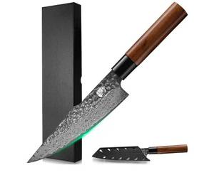 lot 1079 image: FULLHI Damascus Steel Japanese Knife with Sheath, Forged Hammered Blade Wood Handle Gyutou Filleting Chef Kitchen Knife with Box for Cooking, Camping BBQ