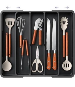 lot 1259 image: Aujen Silverware Organizer - Expandable Kitchen Drawer Organizer, Adjustable Utensil Organizer, Cutlery Tray for Forks, Knives, Multipurpose Kitchen Organizers and Storage Solution, Black, X-Large