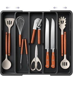 lot 1263 image: Aujen Silverware Organizer - Expandable Kitchen Drawer Organizer, Adjustable Utensil Organizer, Cutlery Tray for Forks, Knives, Multipurpose Kitchen Organizers and Storage Solution, Black, X-Large