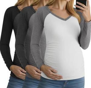 lot 1291 image: 3 Pack Maternity Shirts Long Sleeve V Neck Women Pregnancy Tops Side Ruched Color Block Raglan Baseball Clothes, Large