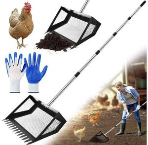 lot 1294 image: 2-in-1 Chicken Poop Scooper & Rake with Gloves, Large Metal Chicken Poop with Long Stainless Steel Handle (20 to 61) for Beach, Farm, Garden & Yard Waste(15 Inch)