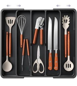 lot 1298 image: Aujen Silverware Organizer - Expandable Kitchen Drawer Organizer, Adjustable Utensil Organizer, Cutlery Tray for Forks, Knives, Multipurpose Kitchen Organizers and Storage Solution, Black, X-Large