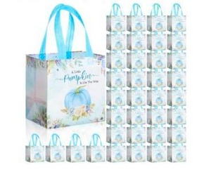 lot 1309 image: Frienda 50 Pcs Little Pumpkin Gift Bags Fall Baby Shower Party Favor 8 x 8 x 6 Inch a Little Pumpkin Is on The Way Baby Shower Non Woven Bag Fall Goodie Treat Gift Tote with Handle(Blue)