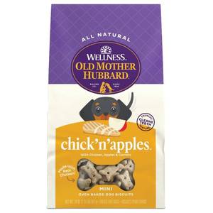 lot 1387 image: Old Mother Hubbard by Wellness Classic Crunchy CHICKN APPLES with Chicken, Carrot & Apple Biscuits Mini Oven Baked Dog Treats - 20oz