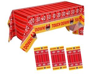 lot 1392 image: Oudain 3 Pack Red and Gold Football Party Decorations 54 x 108 Inch Football Tablecloth Disposable 2026 Plastic Touchdown Table Cover Red and Gold Decoration Runner for Birthday Game Decor