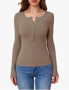 lot 1394 image: WXXYCS Womens Long Sleeve Henley Shirts Slim Fitted Basic Business Casual Button Up Trendy Fall Knit T-Shirts Tops Blouse, Dark Grey, Medium