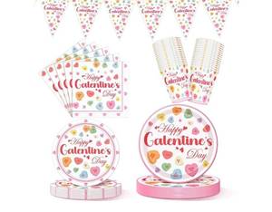 lot 1400 image: Qinyoung 25 Set Galentines Day Party Decoration Conversation Candy Heart Tableware Set Conversation Heart Disposable Paper Plates Napkins and Cups Happy Galentines Banner for Valentines Party Supplies