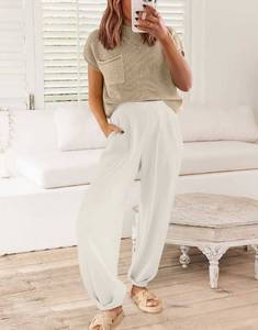 lot 1080 image: Anrabess 2 Piece Ribbed Khaki Knit Long Sleeve Sweater and White Lounge Pant Set Size M - Sweater is long sleeve