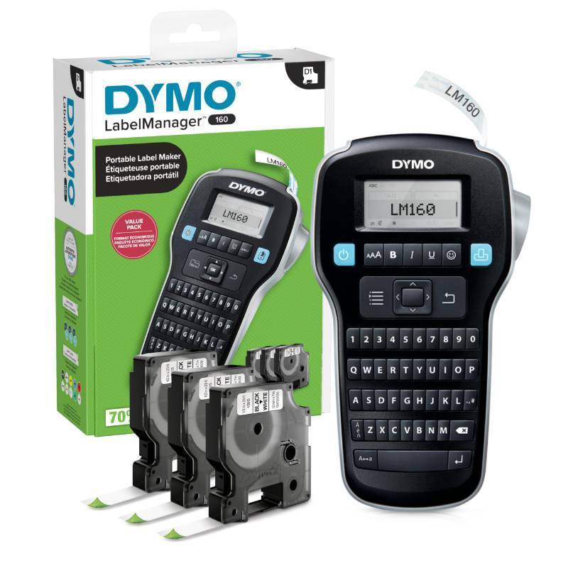 lot 4395 image: DYMO LabelManager 160 Portable Label Maker Bundle, Easy-to-Use, One-Touch Smart Keys, QWERTY Keyboard, Large Display, For Home & Office Organization, Includes 3 D1 label cassettes