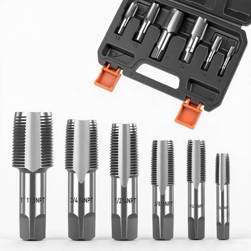 lot 4099 image: HORUSDY 6-Piece NPT Pipe Tap Set, Carbon Steel Threading Tool Kit for Pipe Taper Threads, Sizes 18, 14, 38, 12, 34 &amp 1, Durable Plumbing Tap Set with Storage Case