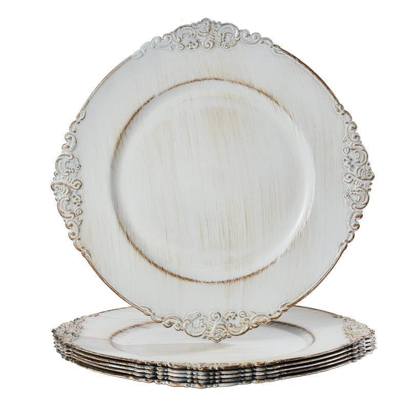 lot 4448 image: MAONAME Antique White Charger Plates, Round Antique Plate Chargers for Dinner Plate, 13 Plastic Charger for Plates, Wedding Table Setting, Set of 6