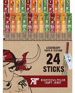 lot 1496 image: Righteous Felon Variety Meat Sticks  100% Grass Fed Beef, Turkey & Pork  210g Total Protein  Gluten-Free, Low Sugar, High Protein Snack Sticks  Individually Wrapped  Jerky Variety Pack, 24 Count