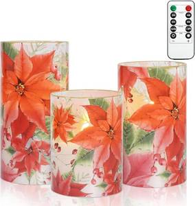 lot 1516 image: Poinsettia Christmas Flameless Candles with Remote & Timer Red Christmas Flower Decorative LED Candles for Home Bedroom Xmas Party Holiday Decor Set of 3