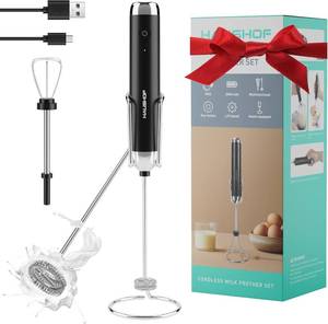lot 1522 image: HAUSHOF Powerful Rechargeable Milk Frother Wand with Stand, Handheld Electric Foam Maker, Drink Mixer with 2 Detachable Stainless Steel Whisks 2 Speeds for Coffee Latte, Cappuccino, Matcha, Black