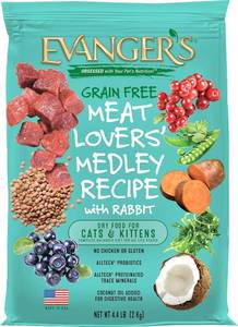 lot 1528 image: Evangers Grain-Free Meat Lovers Medley with Rabbit Dry Cat Food   4.4 lb   Buffalo, Pork & Rabbit Proteins   Grain & Gluten Free   Rich in Omegas & Probiotics