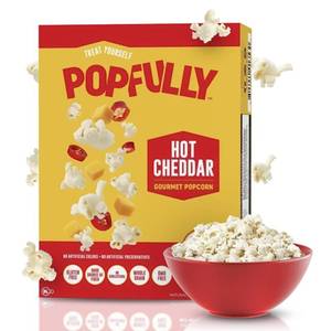 lot 1559 image: POPFULLY Hot Cheddar Popcorn Fully Pops, Sharing Bags, Bold Cheese Taste, Big Pop, Micro Popcorn Bags, 3-Pack