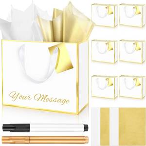 lot 1580 image: ReliThick 6 Pack Metallic Paper Gift Bag with Handles Tissue Paper Gold Tag Pen Thank You Favor Bag for Wedding Party Bridesmaid Bridesman 5 Senses Anniversary Birthday Favor(White Gold)