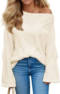 lot 1582 image: Saodimallsu Womens Off One Shoulder Sweaters Boat Neck Cable Knit Long Lantern Sleeve Loose Fall Trendy Pullover Tops
