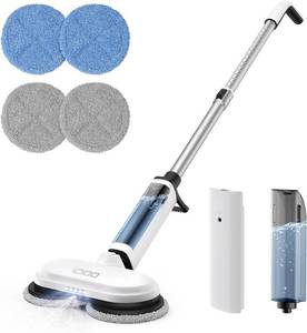 iDOO Electric Cordless Spin Dust Mop, Electric Mops for Floor Hardwood Tile Cleaning with Sprayer &amp; LED Headlight, Rechargeable Dual-Motor, Quiet Self Propelled, Water Tank 4 Replaceable Heads, White