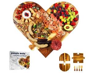 lot 1605 image: Large Charcuterie Board Set - 3 Pieces with Knife Set, Premium Acacia Wood Cheese Boards, Heart Shaped Serving Tray with Gift Box, Wedding & Bridal Shower Gift, Valentines Day Gifts