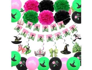 lot 1608 image: CAVETEE Pink and Green Party Decorations Set��Witch and Princess Happy Birthday Balloons, Pom Poms, Happy Birthday Banner, Hanging Swirls for Birthday Party