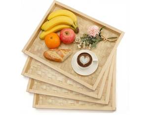 lot 1641 image: Vicenpal 4 Pcs Bamboo Wicker Serving Trays for Foods & Drinks, 16.93 x 13 Rectangular Flat Baskets Trays, Decorative Bamboo Basket Tray for Dinner Coffee Table Picnic Fruit Snack Holder Bed Eating