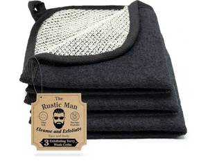 lot 1647 image: Terry Wash Cloths for Face and Body, Dual-Sided Cleansing and Exfoliating Washcloths, Machine Wash, Black, 3 Count