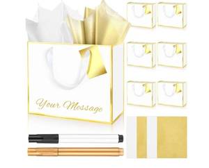 lot 1652 image: ReliThick 6 Pack Metallic Paper Gift Bag with Handles Tissue Paper Gold Tag Pen Thank You Favor Bag for Wedding Party Bridesmaid Bridesman 5 Senses Anniversary Birthday Favor(White Gold)
